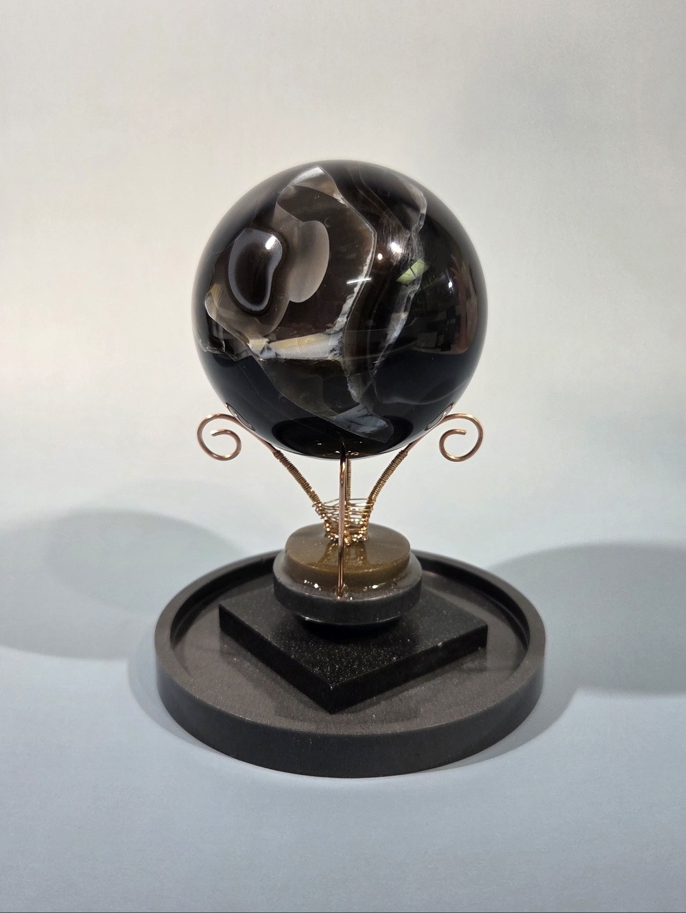 Stunning Natural Polished Volcanic Agate Gemstone Sphere On Handmade Display ♥︎